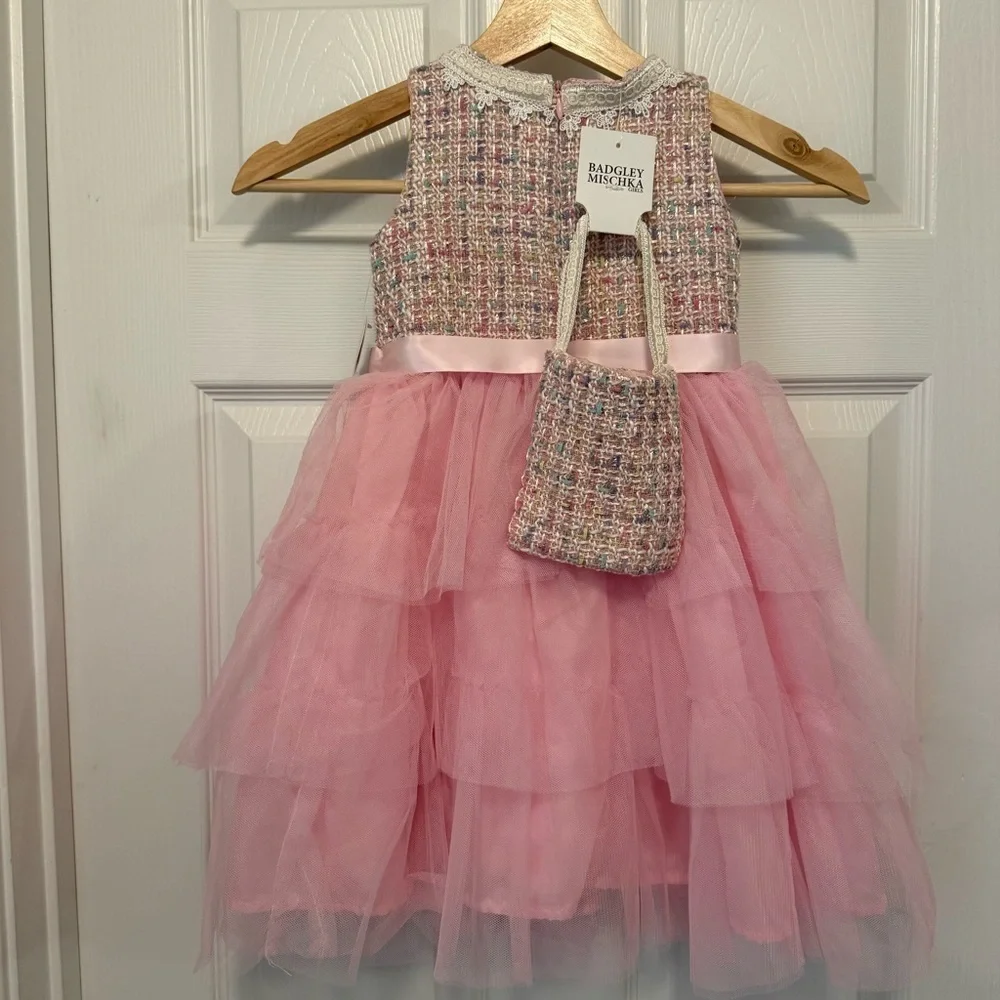 NWT Badgley Mischka Tweed Bodice Tiered Tulle Skirt Girls Dress with Bag Set